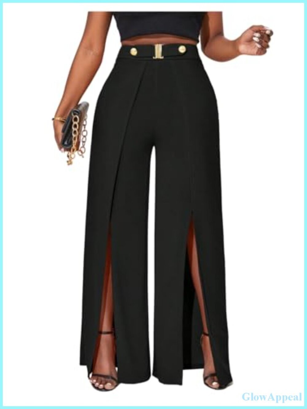 Women's High Waist Belted Wide Leg Dress Pants with Front Slit